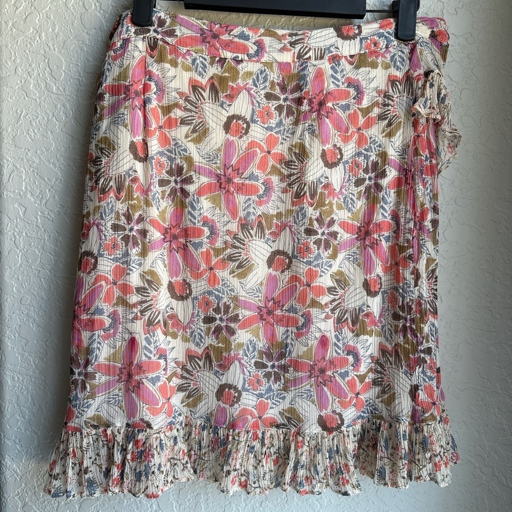 Free People Women 8 Mini Skirt Floral Wrap Pink Ruffle Trim Crinkle Lined Boho - Picture 3 of 7